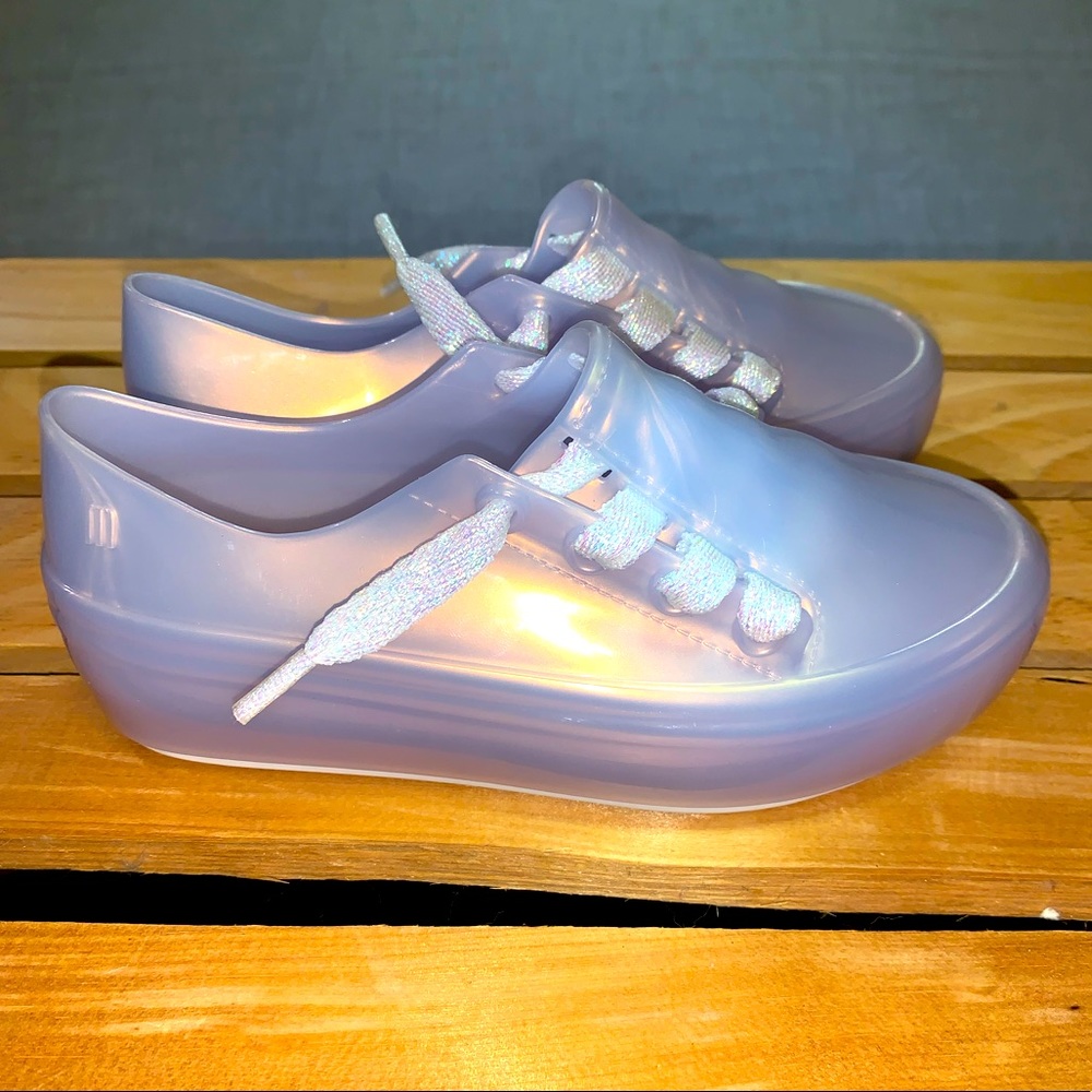 Mel dreamed by Melissa US size 11y Girls Iridescent Lace up Jelly Slip On Shoes
